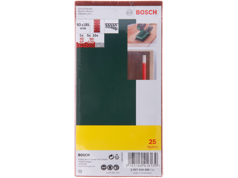 25-delni komplet brusilnih listov Bosch za vibracijski brusilnik, Dimenzije: 93x185mm, Zrnatost 40, 60, 80, 120, 2607019495